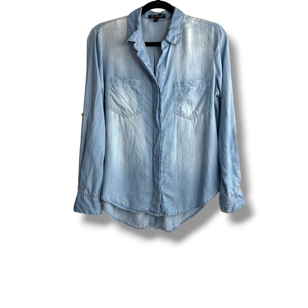 Velvet Heart Shirt Women Small Light Blue Tencel Roll Tab Long Sleeve Button Up